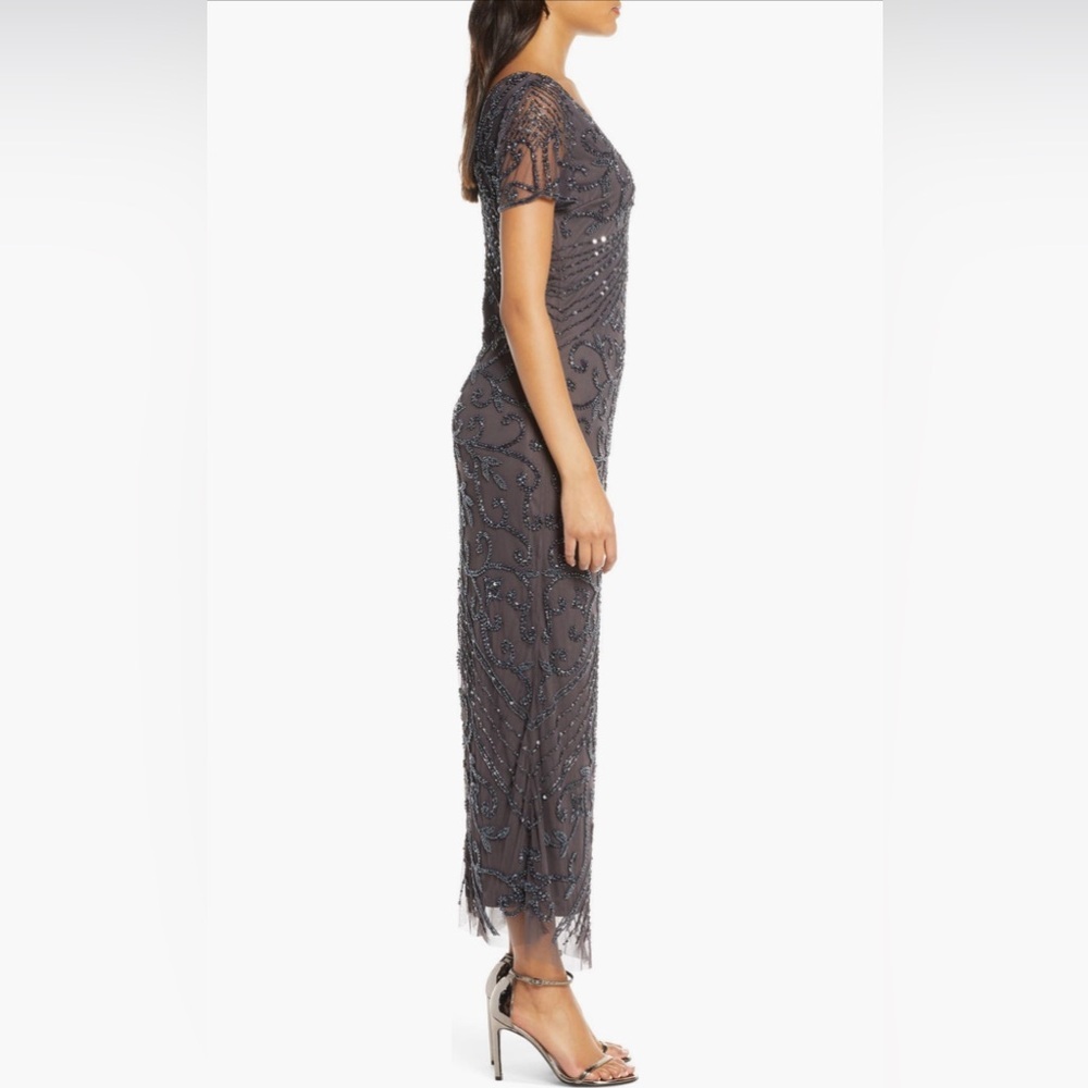 Pisarro Nights Beaded Mesh Column Gown in Slate Size 12 Elegant Evening Dress - Picture 3 of 8
